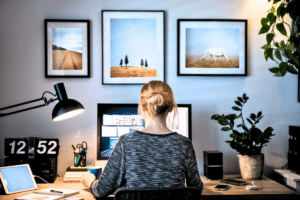 Junge Frau sitzt zuhause an einem Homeoffice-Arbeitsplatz